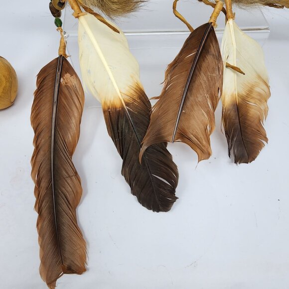 Native American Handmade 17" Bola Leather and Feather Accents AS IS Condition - Picture 3 of 12